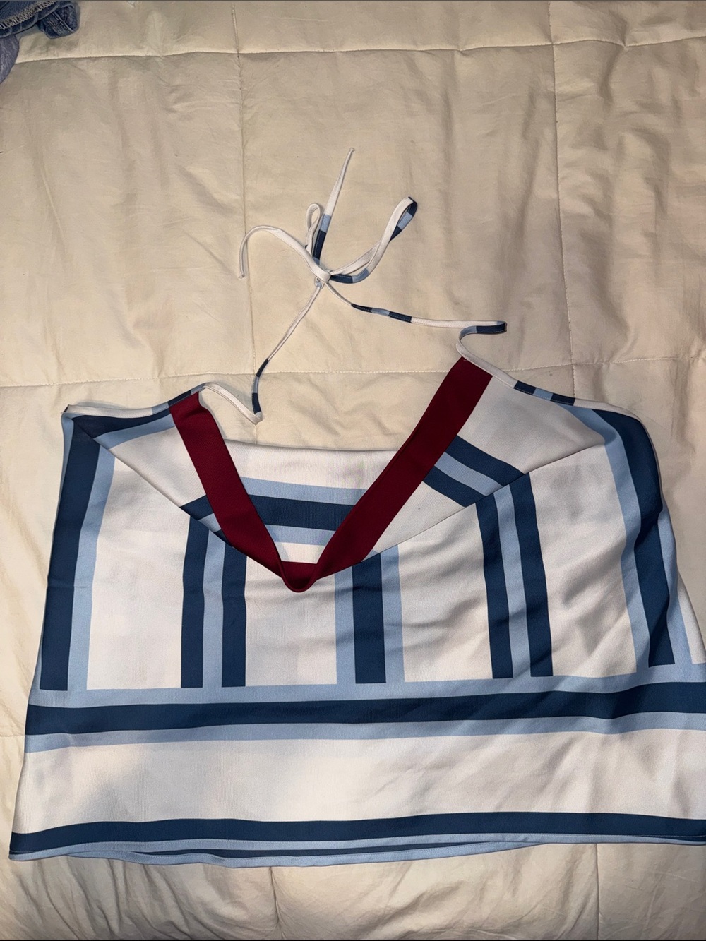 LOFT Striped Blue & White Halter Crop Top with Burgundy Trim